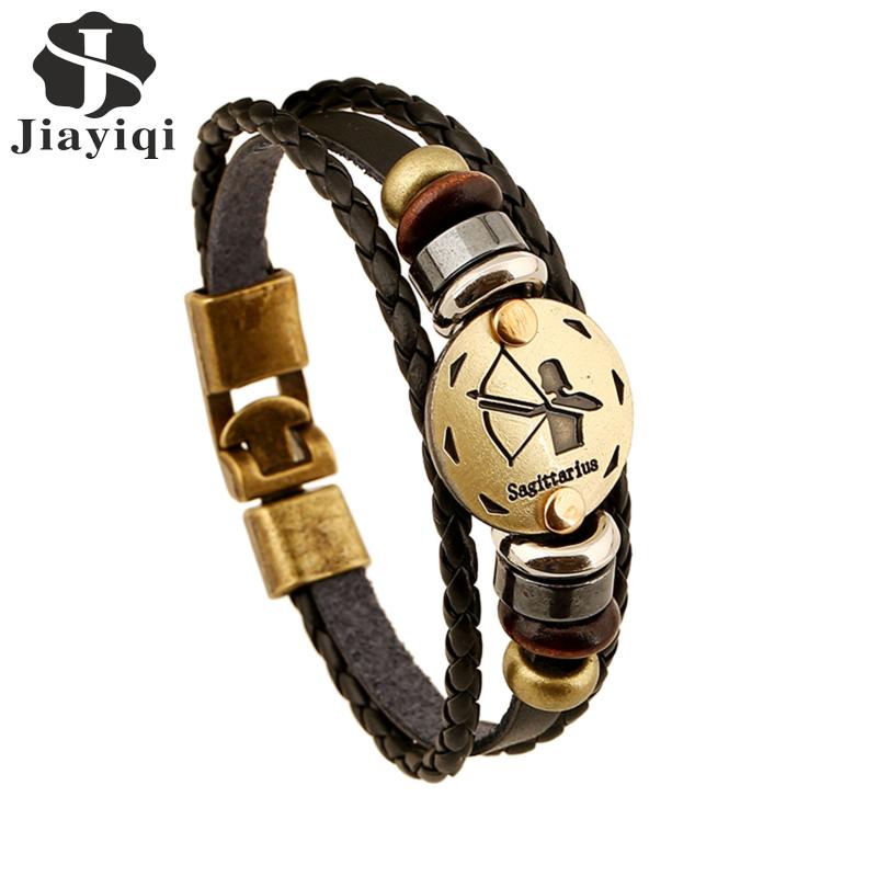 

Jiayiqi Fashion Charm Jewelry Bronze Alloy 12 Zodiac Leather Bracelet Punk Wooden Beads For Women & Men Multilayer Easy Buckles