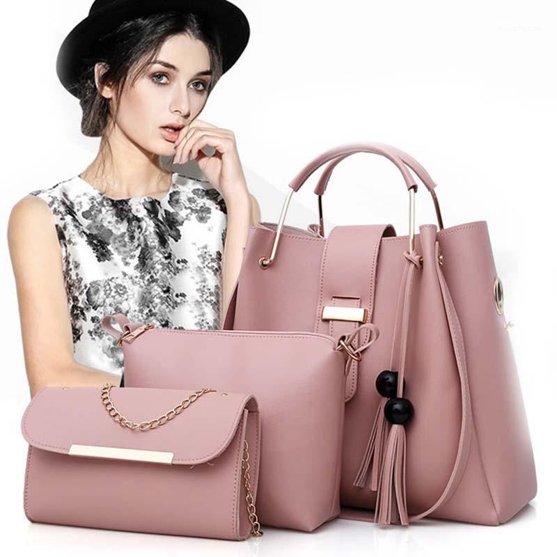 

2019 New Fashion Women 3pcs/set Cosmetic Bag PU Leather Makeup Bags Casual Tassel Decors Shoulder Tote Bag1, Brown