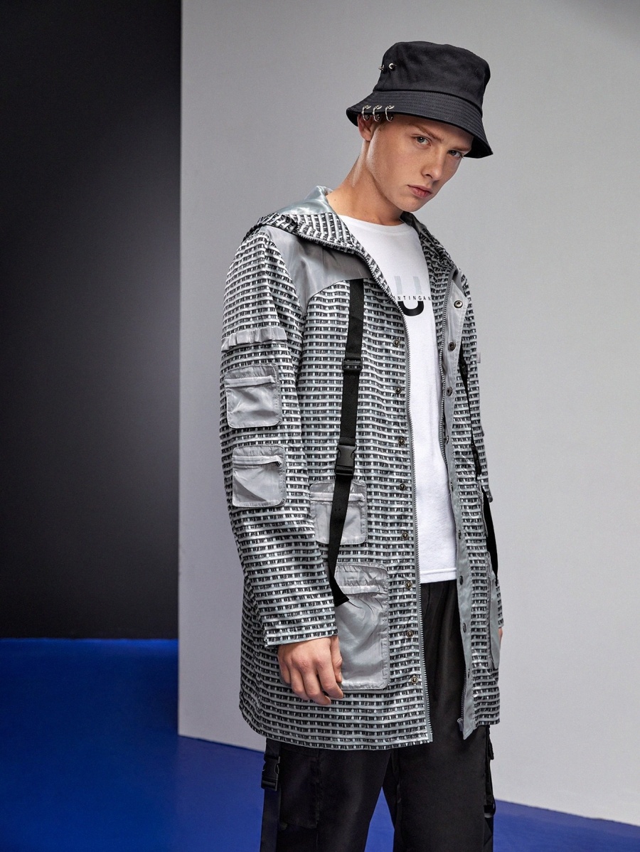 

X ALEXANDER KURMANIN Men Allover Print Contrast Tape Buckled Flap Pocket Zipper Jacket h544#, Light grey