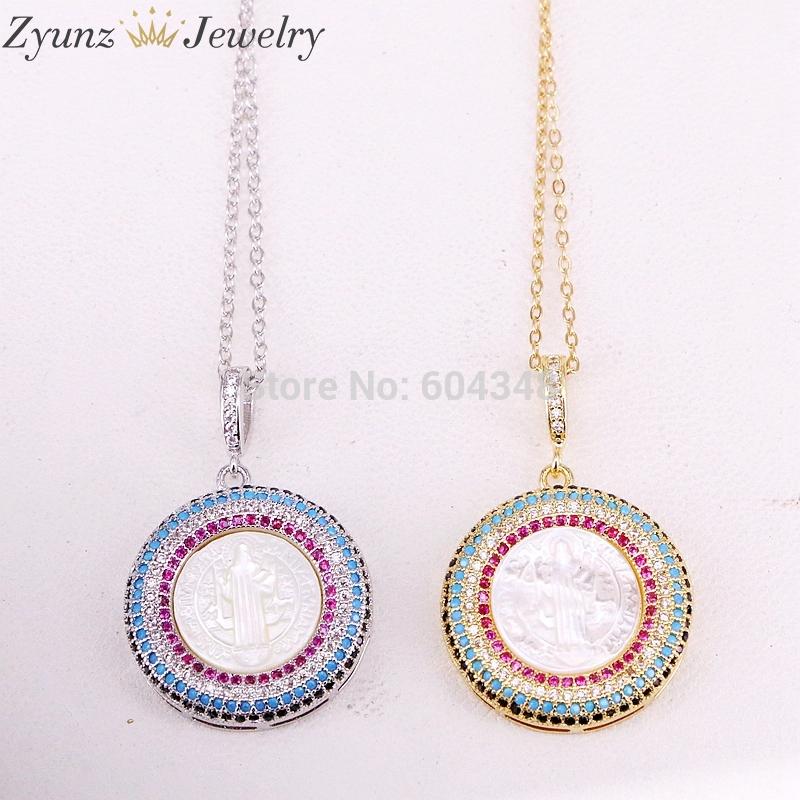 

5 Strands ZYZ323-8755 Fashion cz round shell pendant, CZ micro pave mother of pearl pendant, Mary/Jesus shell necklace