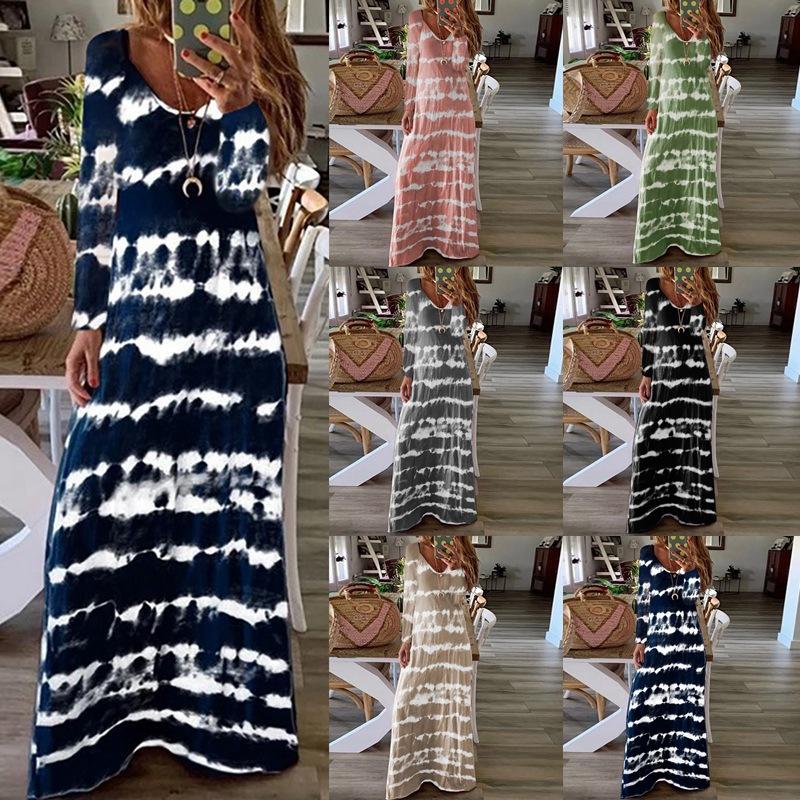 

Women Robe Maxi Dress Long Sleeve V-Neck Tie-Dye Striped Loose Long Dress, Khaki