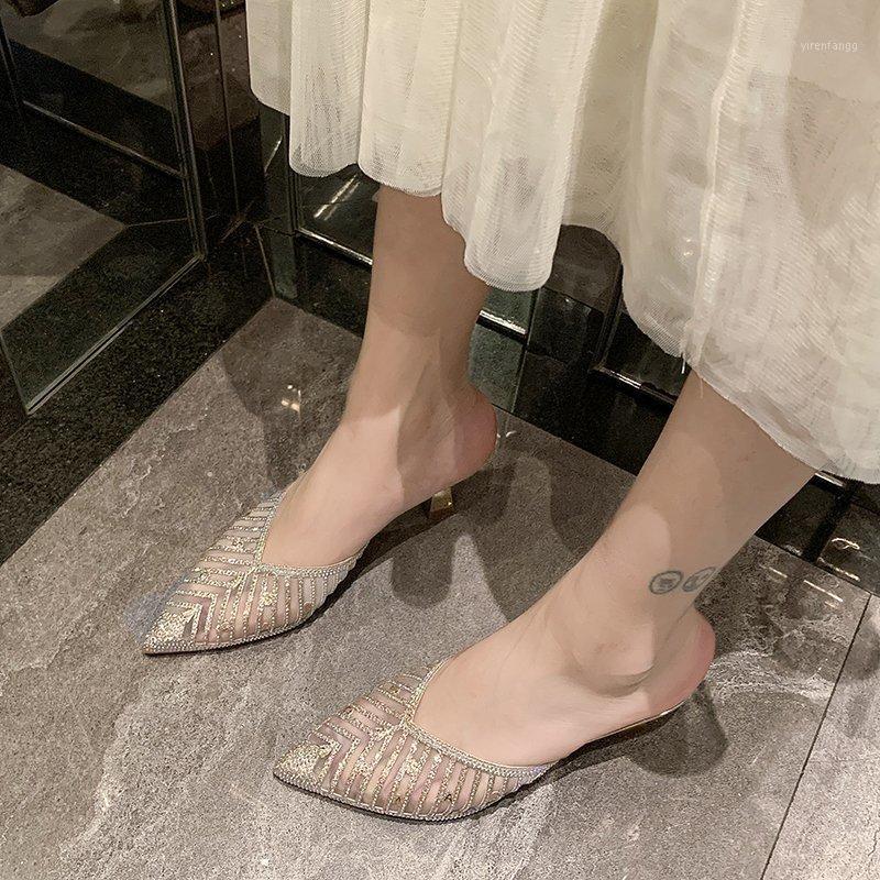 

High Heel Slippers Women Summer Breathable Lace Mules Shoes Crystal Sequin Pointed Toe Slippers Women Party Shoes Black Gold1