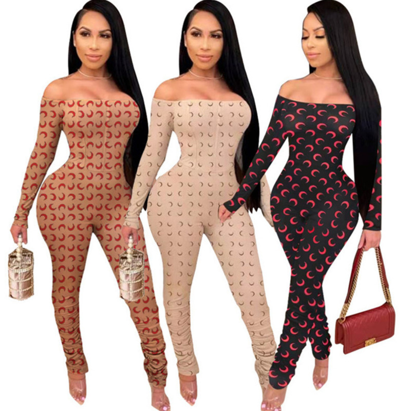 

Designer Women Jumpsuit 2021 Sexy Strapless Long-sleeved Bodysuit Fashion Slim Splicing Playsuit Lady Casual Zipper Pleated Rompers Jck, Brown