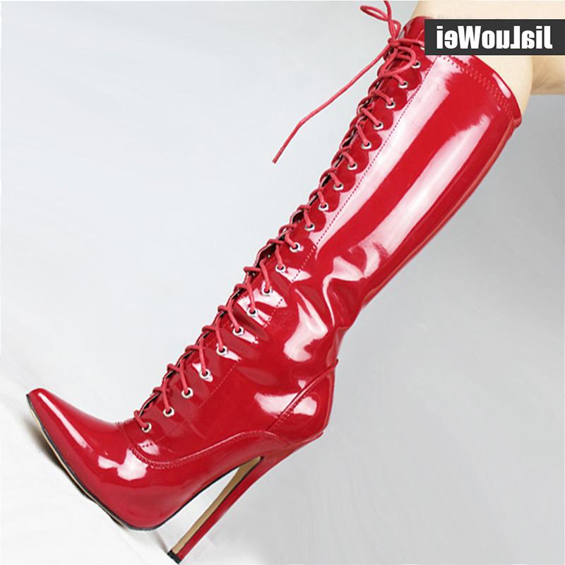 

Fashion patent leather boots female spring autumn pointed toe Knee-High boots women 18cmhigh-heels sexy thin heels lace up, Sky blue shiny