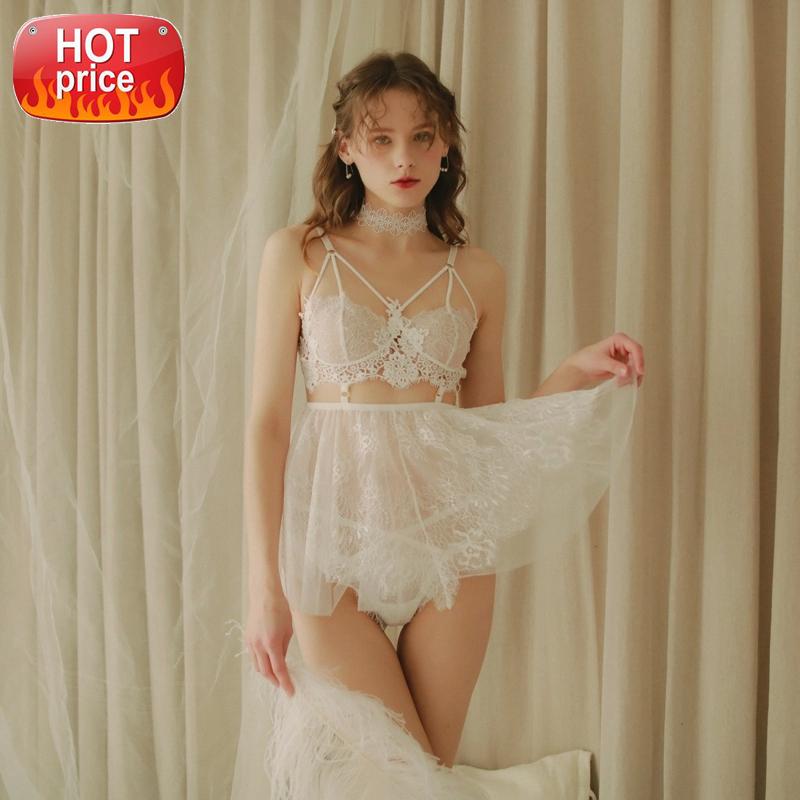 

Sexy Night Dress Backless Intimates Women V-neck Long Sleeve Lace Sexy Costumes Sleepwear Perspective Underwear Nightgown #JD7Q, Black;white