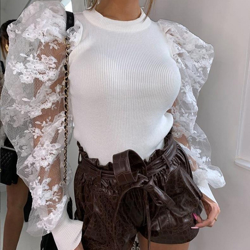 

2021 New Spring Summer Chic Fower Embroidery Mesh Gauze Sleeve Blouse Women Streetwear Slim Shirt Female White Blusas R9he