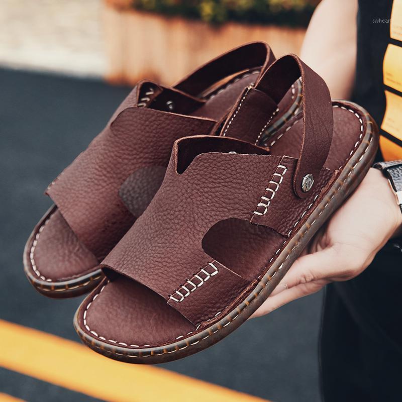 

2020 High Quality Summer Sandals Men Genuine Leather Sandals Non-Slip Outdoor Beach Shoes Male Breathable Luxury Slippers1, Black