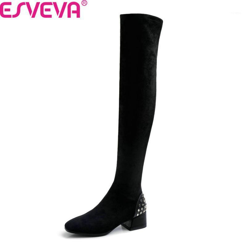 

ESVEVA 2020 Women Women Over The Knee Boots Square Med Heel Slip On Solid All Match Classic Elastic Motorcycle Boots Size 34-391, Black