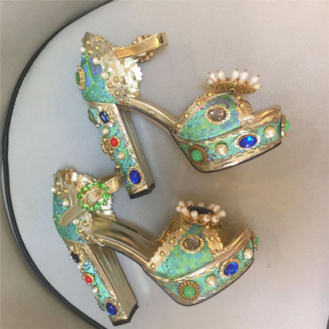 

Summer new leather fish mouth rhinestone chunky heel sandals waterproof platform gem hollow high-heeled sandals, Blue
