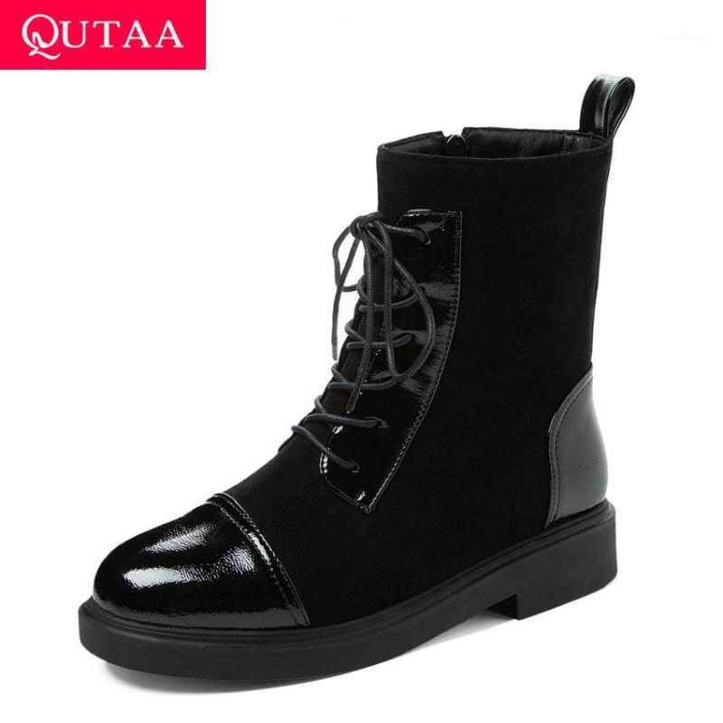 

QUTAA 2020 Autumn Winter Ankle Boots Square Heel Lace Up Zipper Women Shoes Round Toe Patchwork PU Flock Short Boots Size 34-431, Black-yaguang
