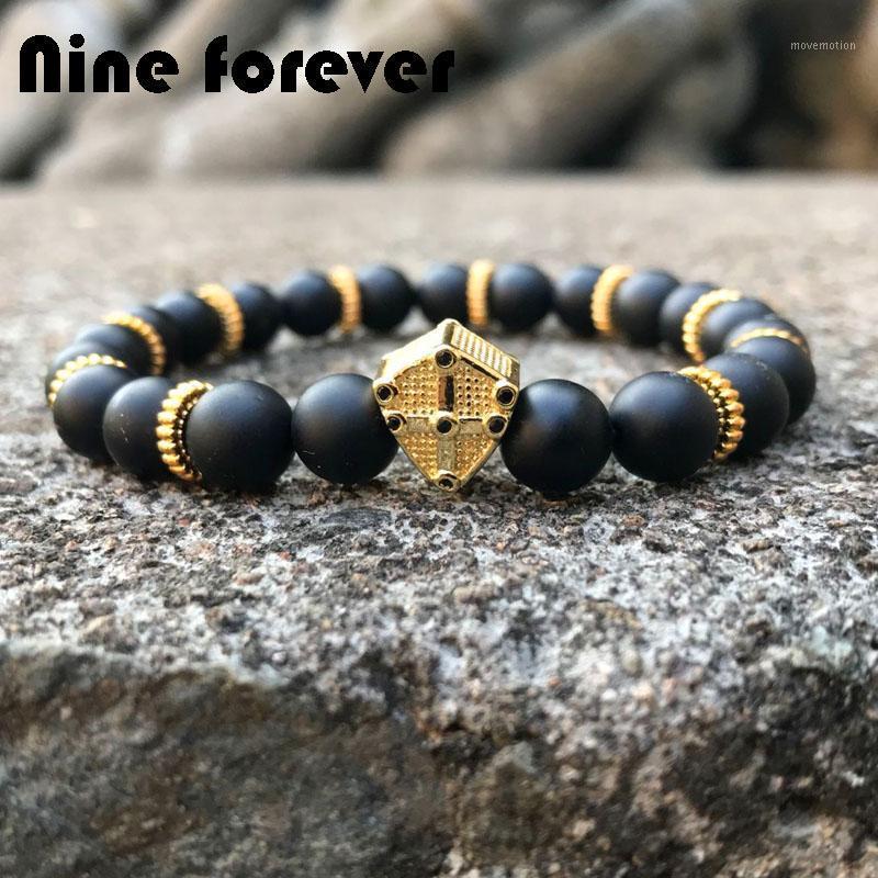 

10pcs Nine forever beads bracelet men jewelry natural black onyx stone Shield charm bracelets & bangles pulseira masculina Gifts1