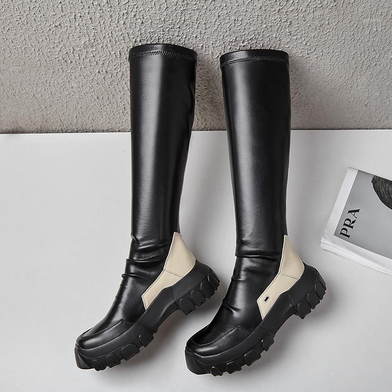 

Prova Perfetto 2020 High-end Genuine Leather Woman Boots Flat Boots Mixed Colors Slip-on Knee-High Long Real Rome Style1, Black