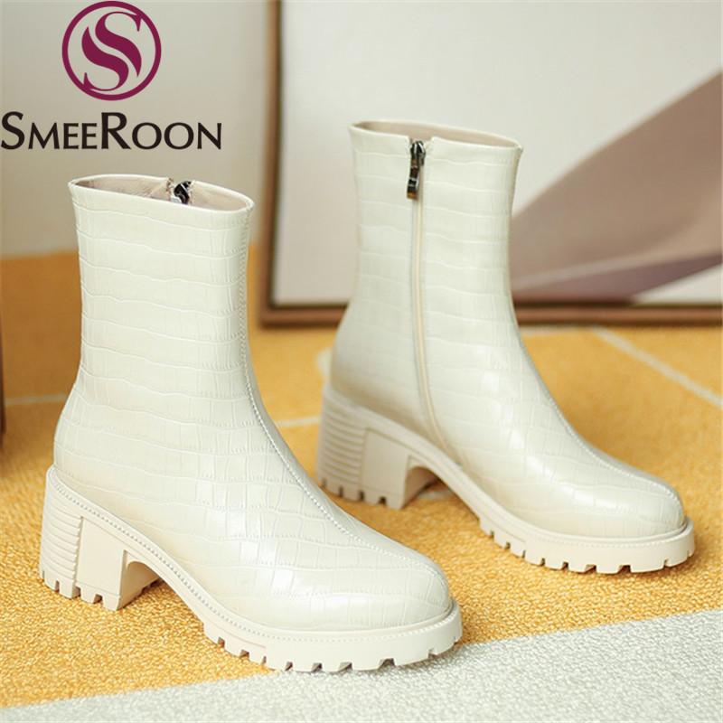 

Smeeroon 2020 High quality winter ankle boots square heels round toe zip women brand boots ladies shoes black rice white