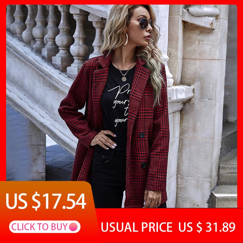 

Suit Jacket Women Autumn and Winter New Houndstooth Plaid Turn Down Clothing Button Long Sleeve Overcoat Female Office Lady, Red