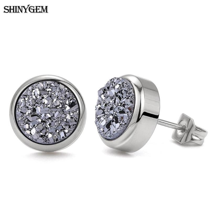 

Stud ShinyGem Cute 6-10mm Round Natural Crystal Druzy Earring Stainless Steel Charm Small Geode Gem Stone For Women Girl