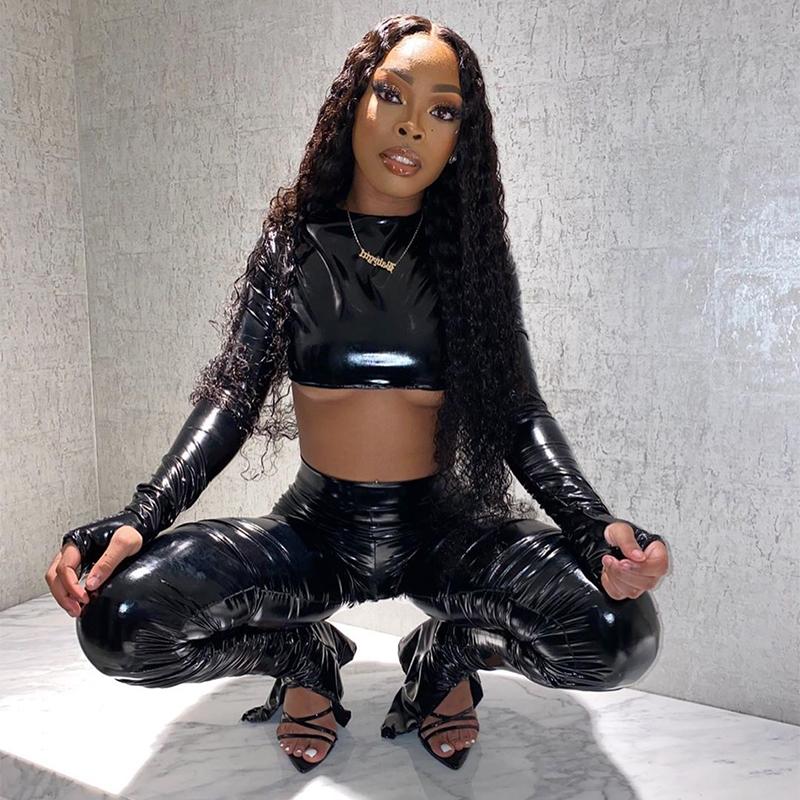 

hirigin Long Sleeve Pu Leather Crop Top Stacked Cut Out Leggings 2 Pieces Set Autumn Winter Women Club Tracksuit 2021 New, As pic