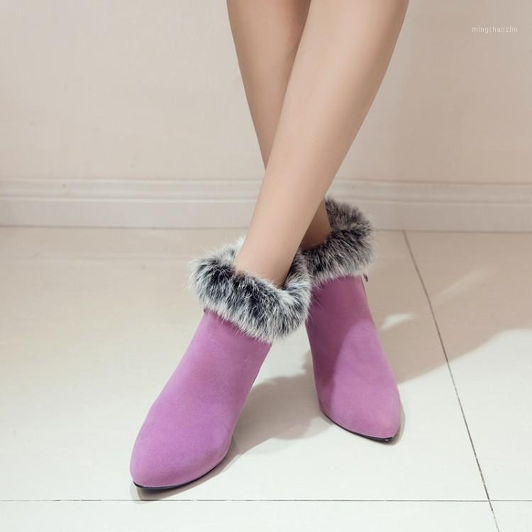 

Big Size Winter suede pointed high-heeled sexy fur side zipper boots in Europe and America1, Black