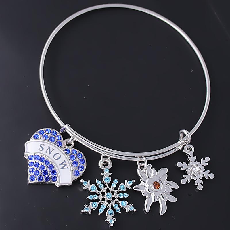 

New design rhinestone crystal inlay SNOW snowflake metal pendant bracelet for winter Christmas gift jewelry bracelet