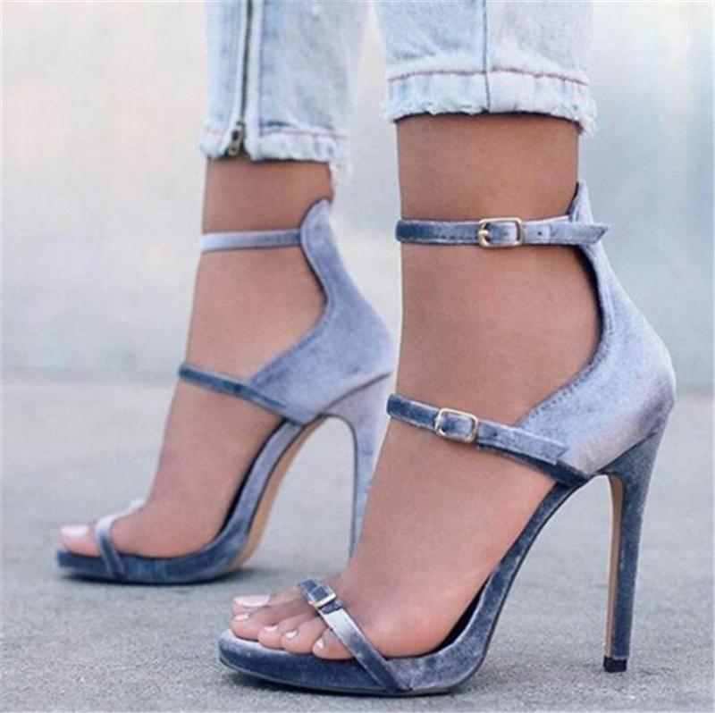 

Velvet Narrow Band Three Straps Stiletto Heels Gladiator Sandals Lady Peep Toe Buckle Strap Party Casual Shoes Women Cover Heels1, Gray