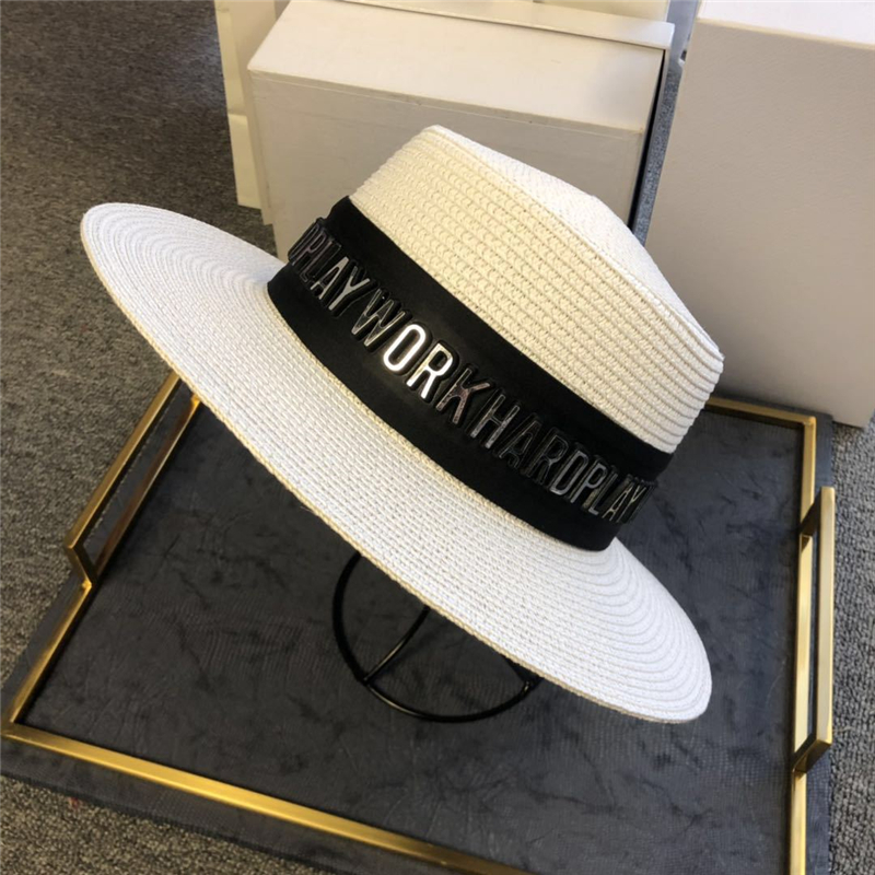 

Spring Summer Caps INS Fashion Letters Sun Hats for Women Outdoor Beach Straw Hat Newest Wide Brim Caps, White;with white band