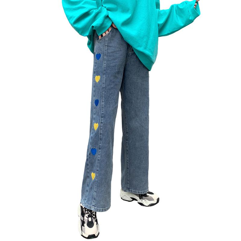 

New Jeans for Women College Style Jeans Harajuku Love Pattern Embroidery Loose High Waist Pants Vintage Straight, Blue