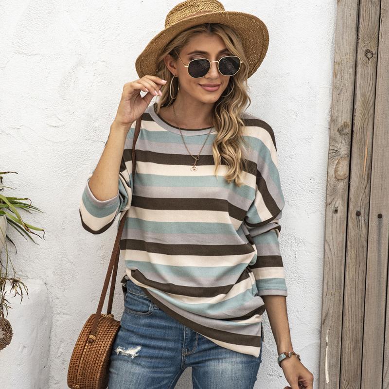

Autumn Women Blouse Knitted Blouse Striped Spliced O Neck Long Sleeve Split Hem Winter Casual Tops