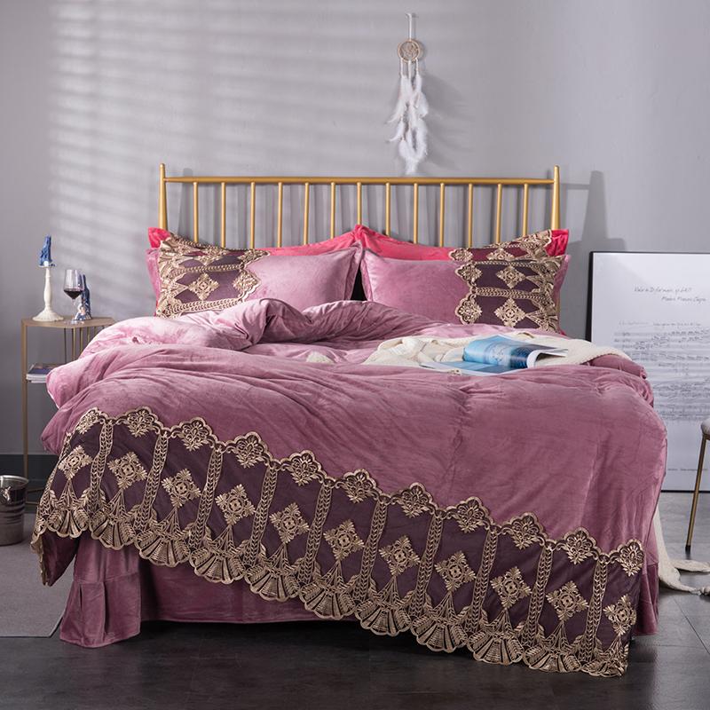 

Pink Blue Gray Red Purple Winter Fleece Fabric Gold Lace Set Cover Sheet/Linen Flannel Bedding 4pcs Pillowcases Bed Velvet Duvet