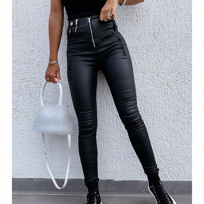 Women's Fashion Leggings Pocket Full Length Pants Daily Weekend Micro-elastic Plain PU Comfort Mid Waist Slim Black S M L XL q2hL#