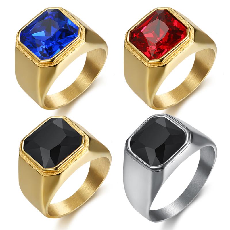 

CFBulongs High Quality Punk Style Rings For Men Black Stone High Polished Stainless Steel Men's Jewelry Steel Color Gold