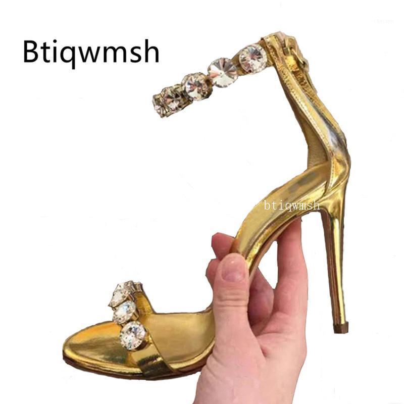 

2020 Gold Rhinestone Sandals Women Open Toe Crystal Diamond Ankle Strap High Heel Shoes Woman Sexy Party Shoes1, Gold 8cm heel