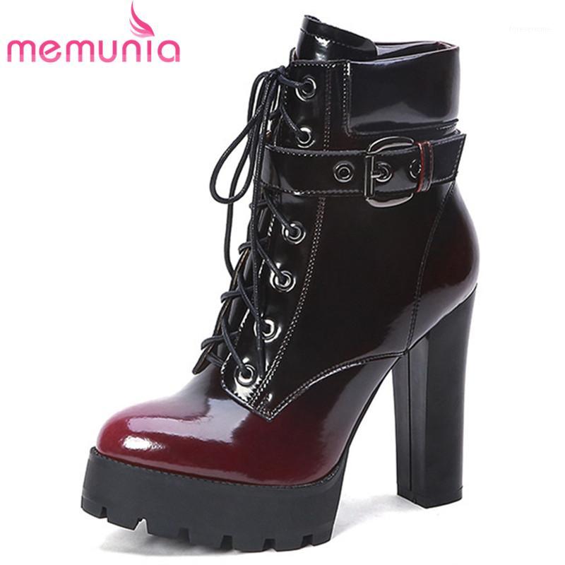 

MEMUNIA 2020 hot sale patent leather Gradient ankle boots women 12cm high heel platform shoes fashion dress party shoes ladies1, Wine red with fur
