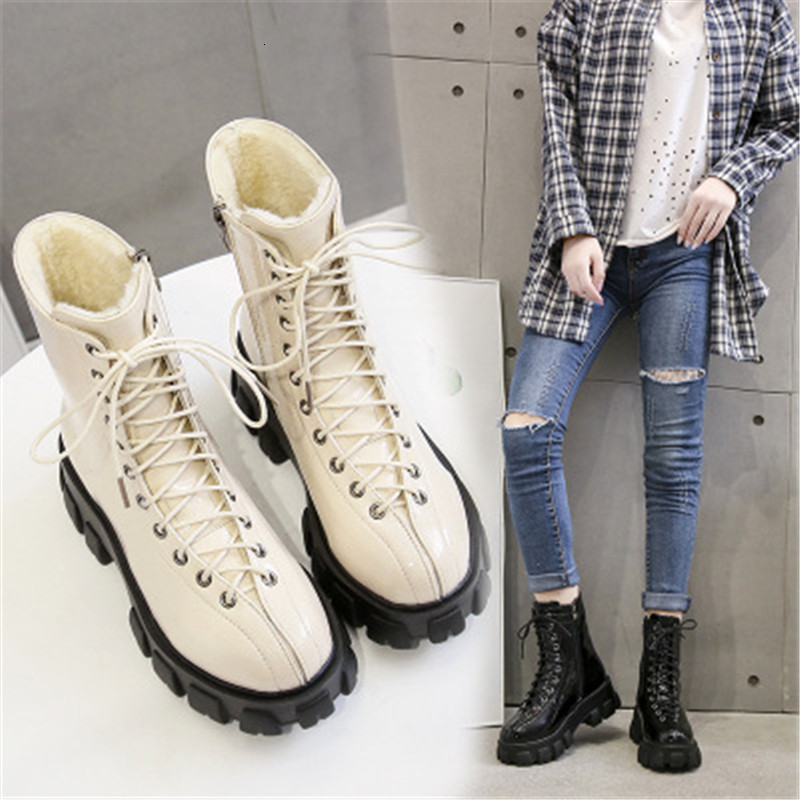 

New Winter 2021 Patent-leather Women's Shoes Thick Women Punk Soles Black Boots -40 24KK, Beige