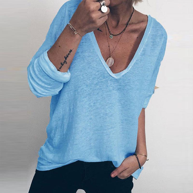 

Spring Tshirt Women Ladies Plus Size Solid Long Sleeve V-neck Pullover Tops T-shirt Poleras Camiseta Mujer Harajuku T Shirt Haut, Yellow