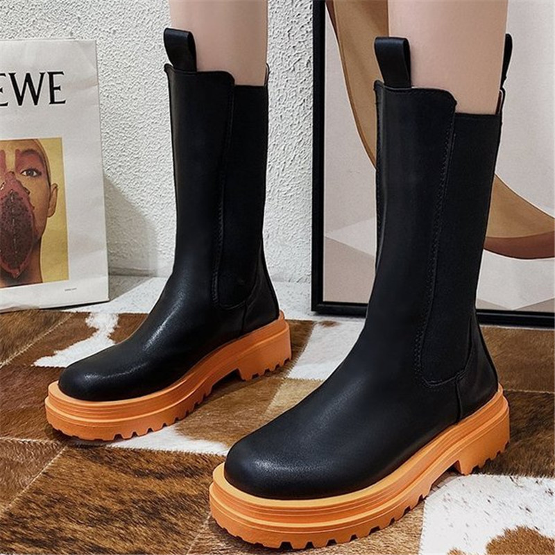 

2021 New Winter High Quality Leather Women's Round the Plat Heel Mid Calf Boots Woman's Short Fashion Slip-on Boot IJCC, Black