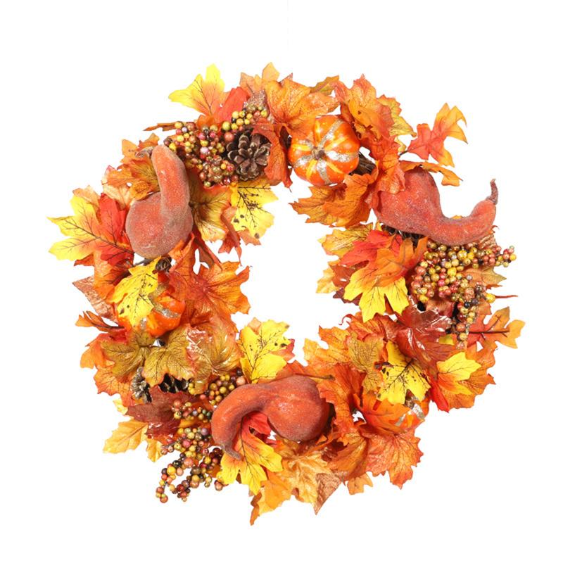 

45CM Autumn Door Maple Wreath Artificial Pumpkin Berries Pine Cone Maple Manmade Thanksgiving Halloween Christmas Decoration, As pic