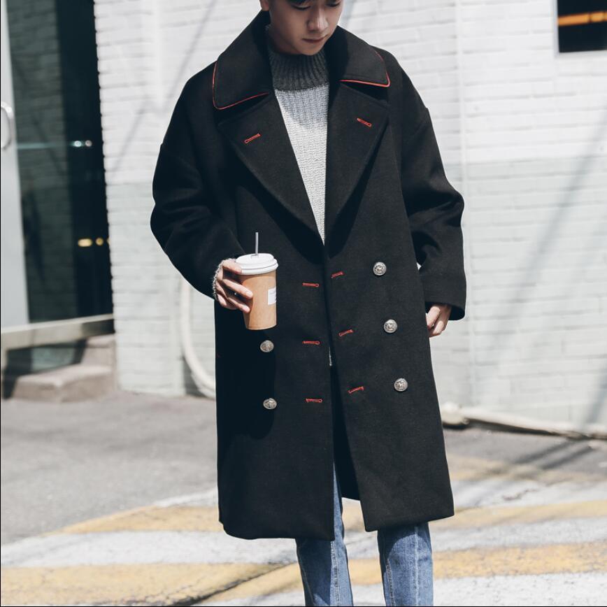 

2020 Thickened Male Winter Contrast Double Color Breasted Youth Loose Shoulders Section Long Trench Wool Coat Blxf, Black
