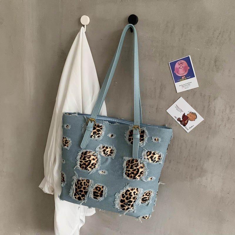 

Leopard Shoulder Bags Artificial Hole Handbags for Women Fashioh Denim Tote Bags 2020 New Young Girls Shopping Female, Blue