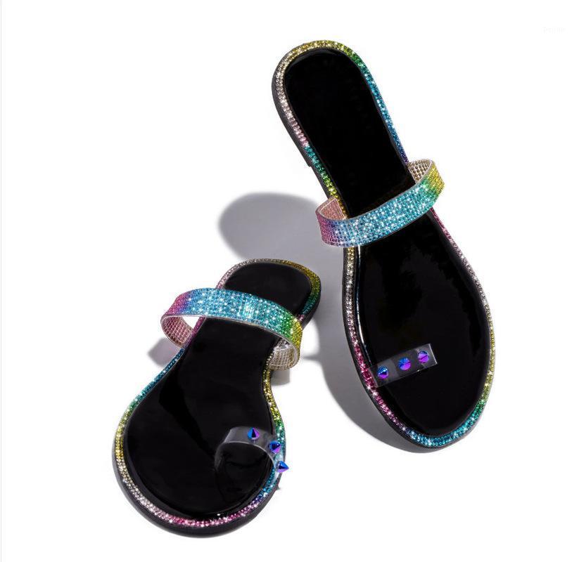 

women summer beach sandals flat flats shoes woman shiny crystal flip thong slippers slides sandalias mujer sapato feminino D13051, Black