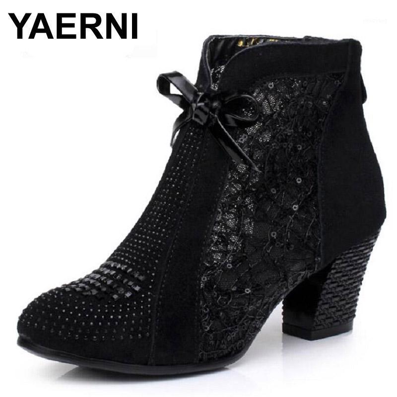 

YAERNI Thick Mid Heel Nubuck Leather Lace Floral Bowknot Pearl Rivets Summer Women Fashion Sandals Ankle Boots Plus Size 32-421, Black with fur