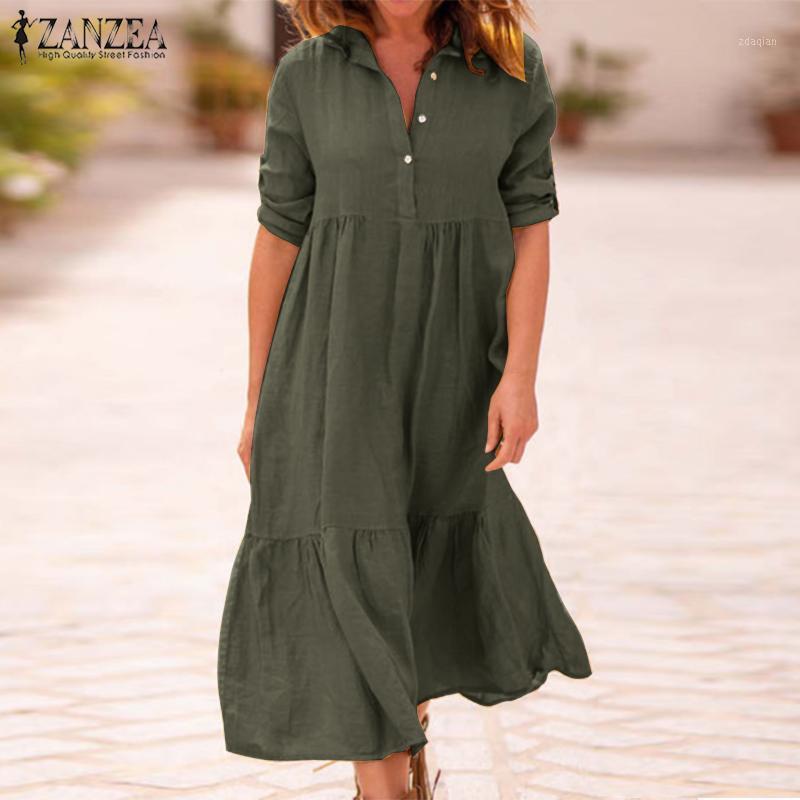

ZANZEA 2020 Women Lapel Cotton Linen Dress Autumn Long Sleeve Shirt Vestido Ladies Long Maxi Dress Work Robe Femme Sundress1, Army green