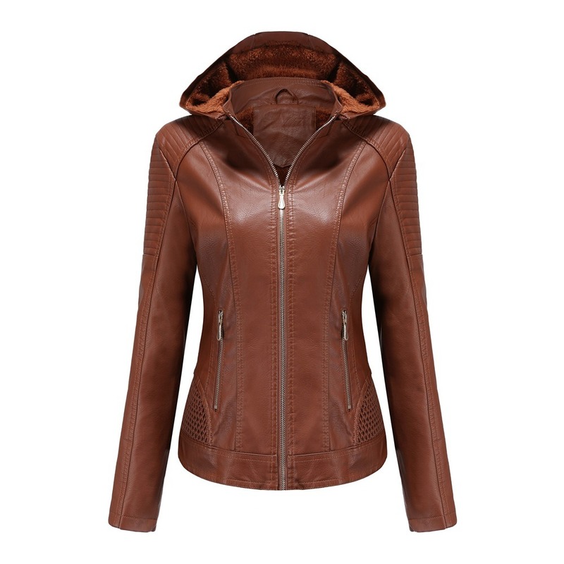 

New Autumn and Winter Women Leather Jacket Detachable Hooded Plus Velvet Warm Leather Jacket Women Pu Solid Color Jacket Women, Coffee