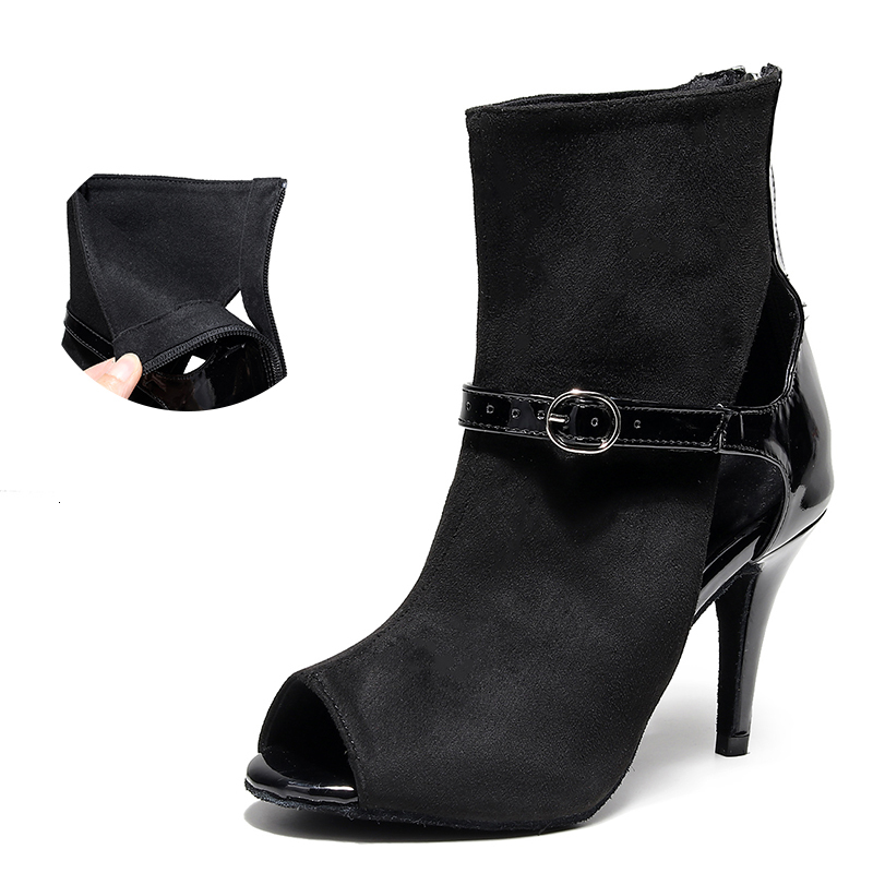 

2021 New Women Flock Ballroom Boots Woman Soft Bottom Latin Salsa Shoes Dancing Ladies High Heel Dance Sandals for Girls E09u, Black-7.5cm
