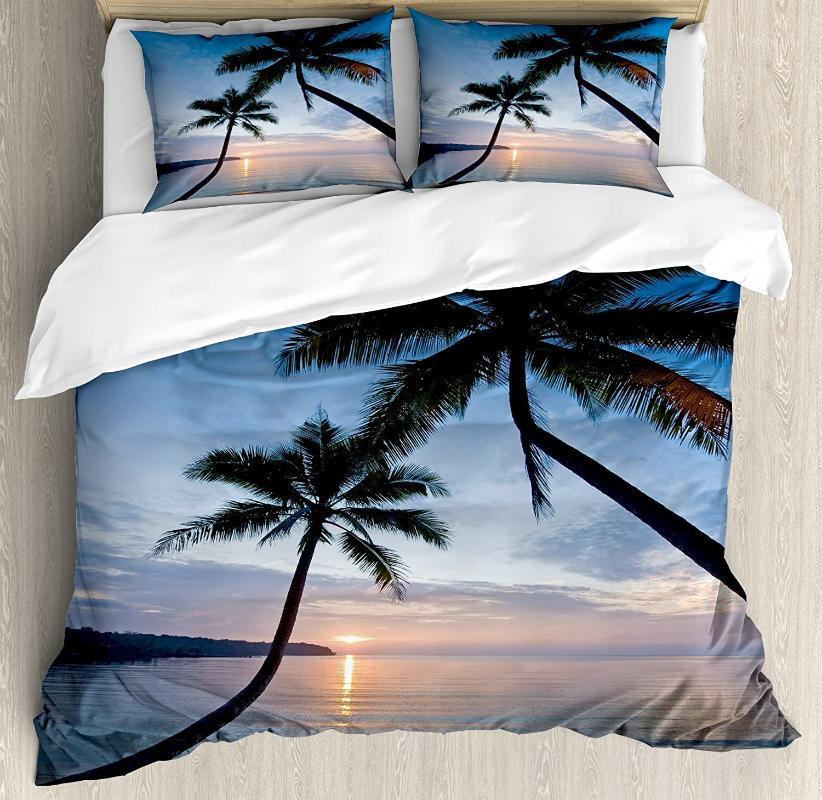 

Tropical Duvet Cover Set Sunset over Ocean Calm Exotic Beach in Kut Island Thailand Summertime Bedding Set Blue Black Pale Pink1, As pic