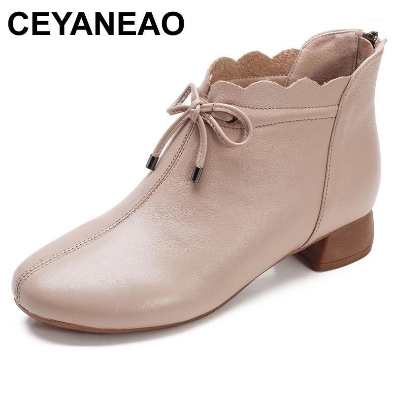

CEYANEAO Leather Women's Boots Winter Black Plus Velvet Thick Warm Women's Shoes Thick Med Heel Ankle Boots Women Size 401