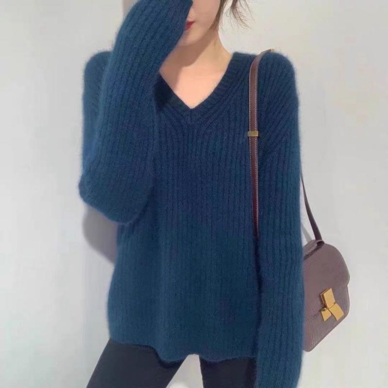 

autumn winter new women fashion casual warm Sweater vintage female thick wool pullovers casual office lady v-neck warm tops, Blue