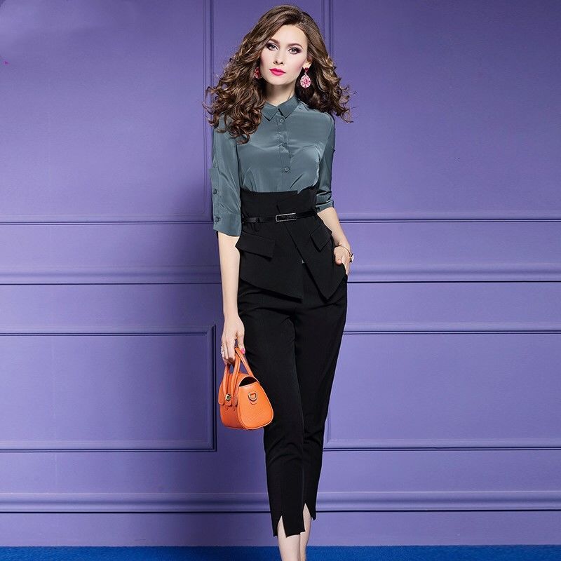 

2021 New Women Piece Patchwork Blouse Trousers Suit Pants Outfit 8i6y, Green
