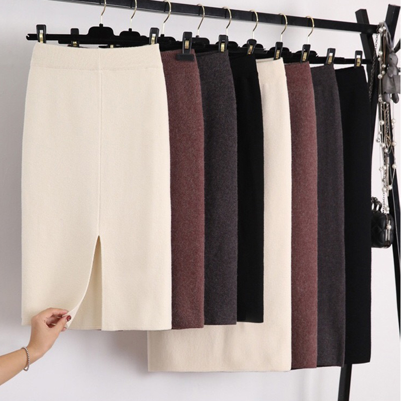 

Winter Thickening Wool Blend Split Mid Knitted Skirt Cashmere Warm Hip Slim Mid-calf Knit Skirts 2 Length 4 Colors Y200326, Gray 65cm