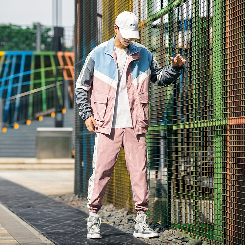 

Januarysnow 2020 Men's Hooded Jacket+Pants 2PC Sets Men Patchwork Tide Card Loose Sport Jacket Coat& Long Pants Mal Clothing, Black