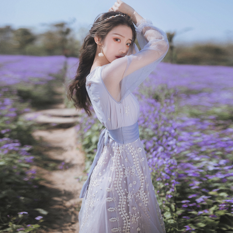 

V-neck Fairy Empire Long Embroidered Sleeve Full Women's Ankle Gray Length Dress 2021 Summer 1wu3, Blue