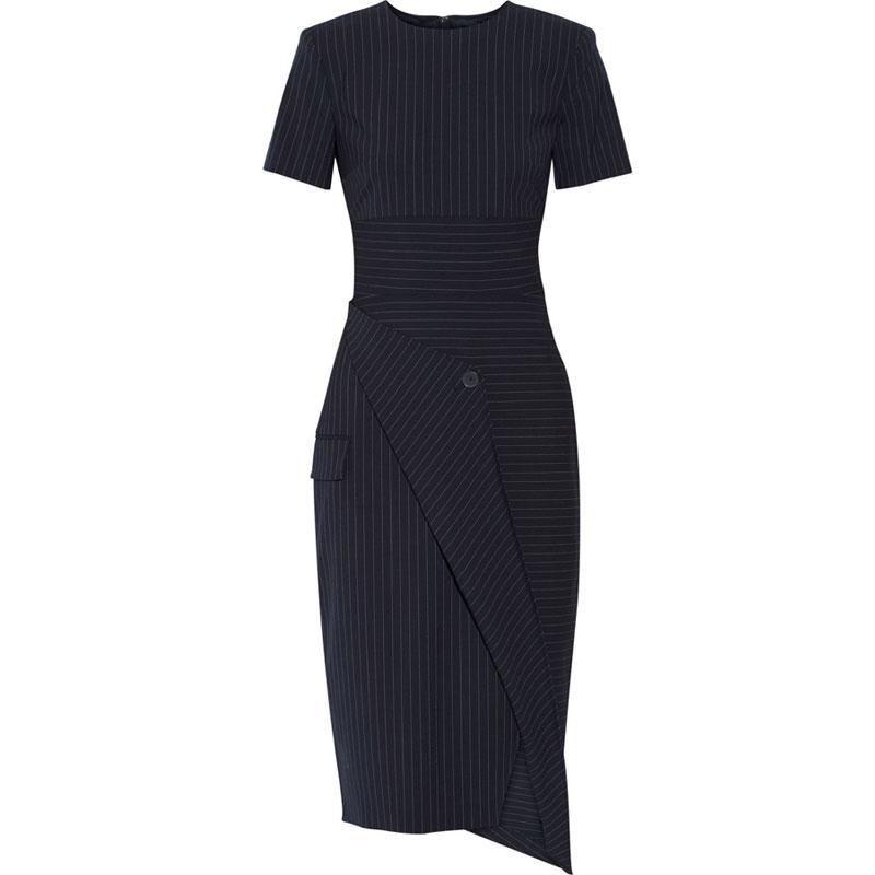 

EWQ] Summer Stripped Slim Office Lady Asymetrical Slit Dresses 2020 New Women Runway Designer Elegant Chic Dress, Blue